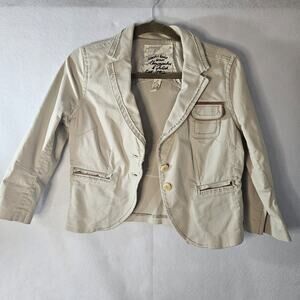 Abercrombie & Fitch Sz L Women Beige Khaki Vtg Blazer 2 button Raw Trim Crop 3/4